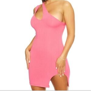 Naked Wardrobe NEW Pink One Shoulder Cutout Pencil Bodycon Stretch Mini Dress 2X